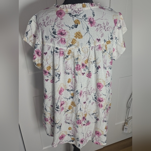Buffalo David Bitton Size L Women's White Floral Cap Sleeve Blouse Top Bohemian - Picture 6 of 9